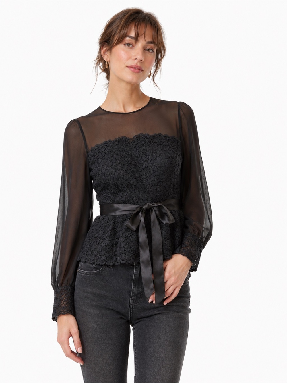 Teri Jon Black Lace Silk Sheer Sleeve Peplum Top Bow Waist Size 8 NWT